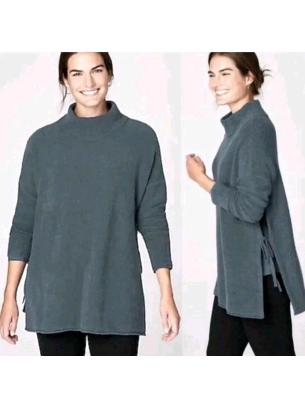 J. Jill Pure Jill Boucle Knit Sweater Tie Sides Mock Neck Blue XS/Sm Oversized
